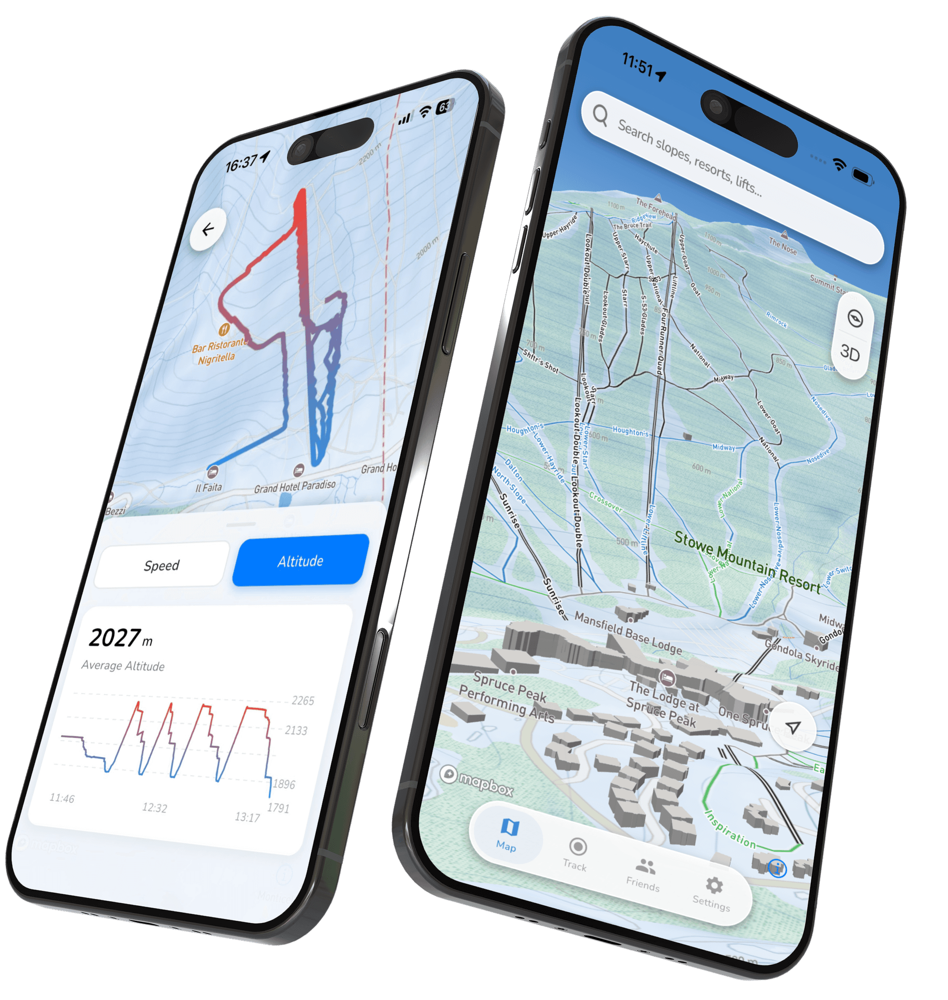 SkiMap showing a recorded ski run, altitude statistics, and a 3D resort map on two phones